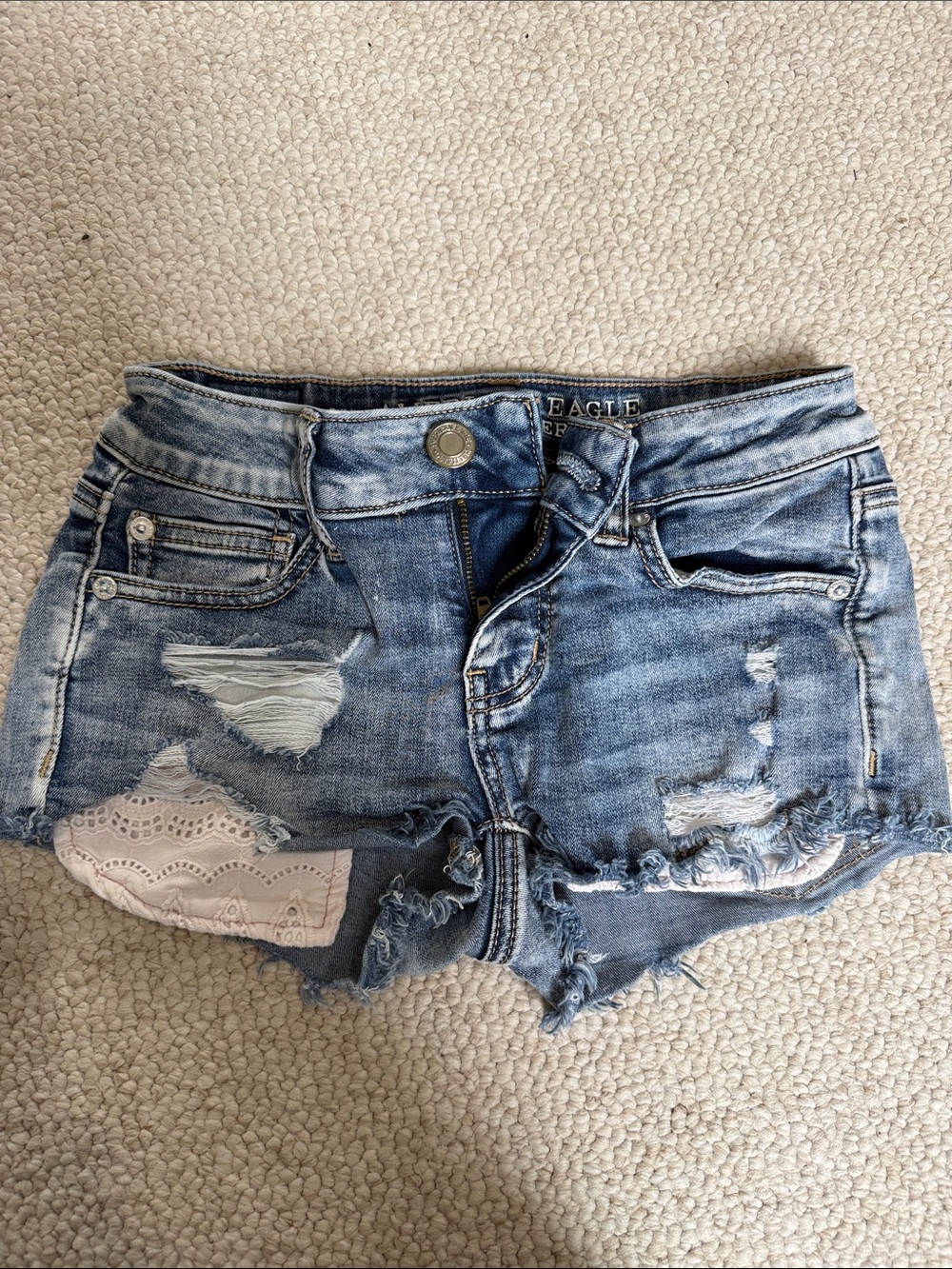 American Eagle Outfitters Faded Blue Distressed Denim Shorts with Lace Inset